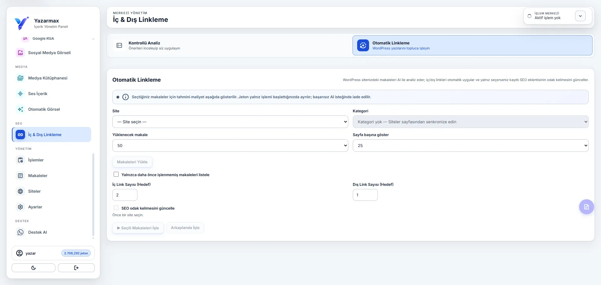 İç ve Dış Linkleme panel ekranı